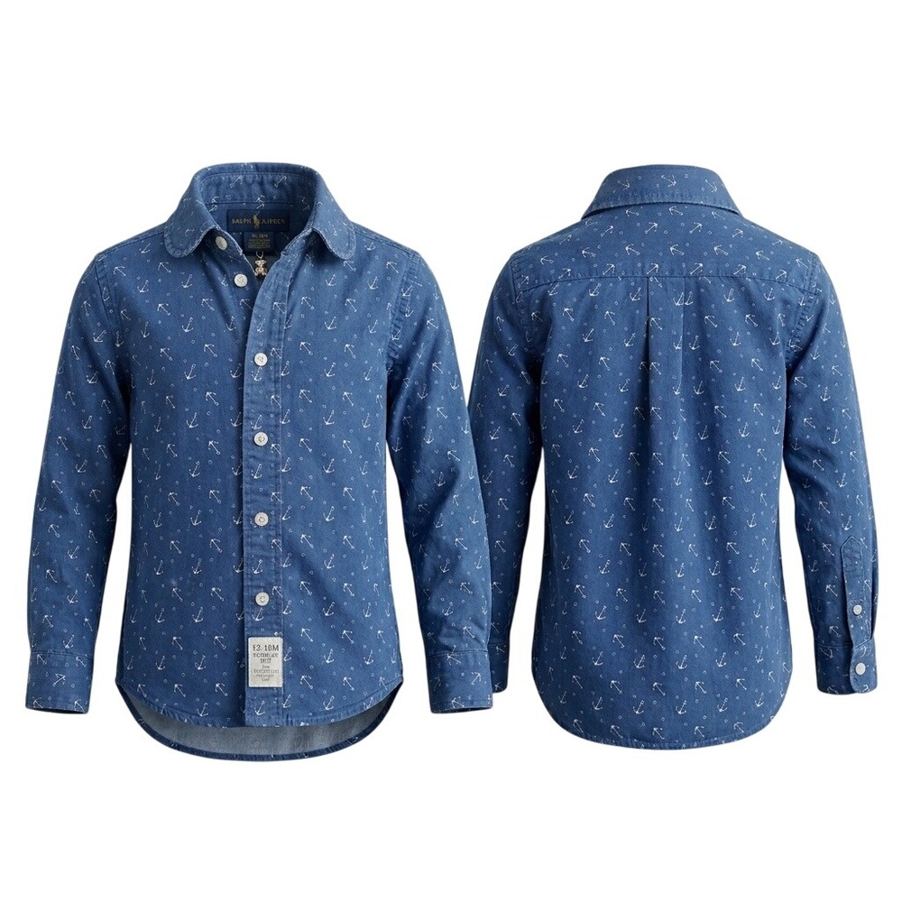 Ralph Lauren Kids Blue Anchor Print Cotton Button‎ Down Shirt Size 4 Long Sleeve
